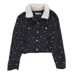 TOPSHOP Star Stud Denim Borg Jacket Fur Collar 90s Y2k Grunge Streetwear Indie
